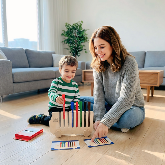 women and child play vijvik color sorting activity bus and using card one by one color choose and filing the slots
