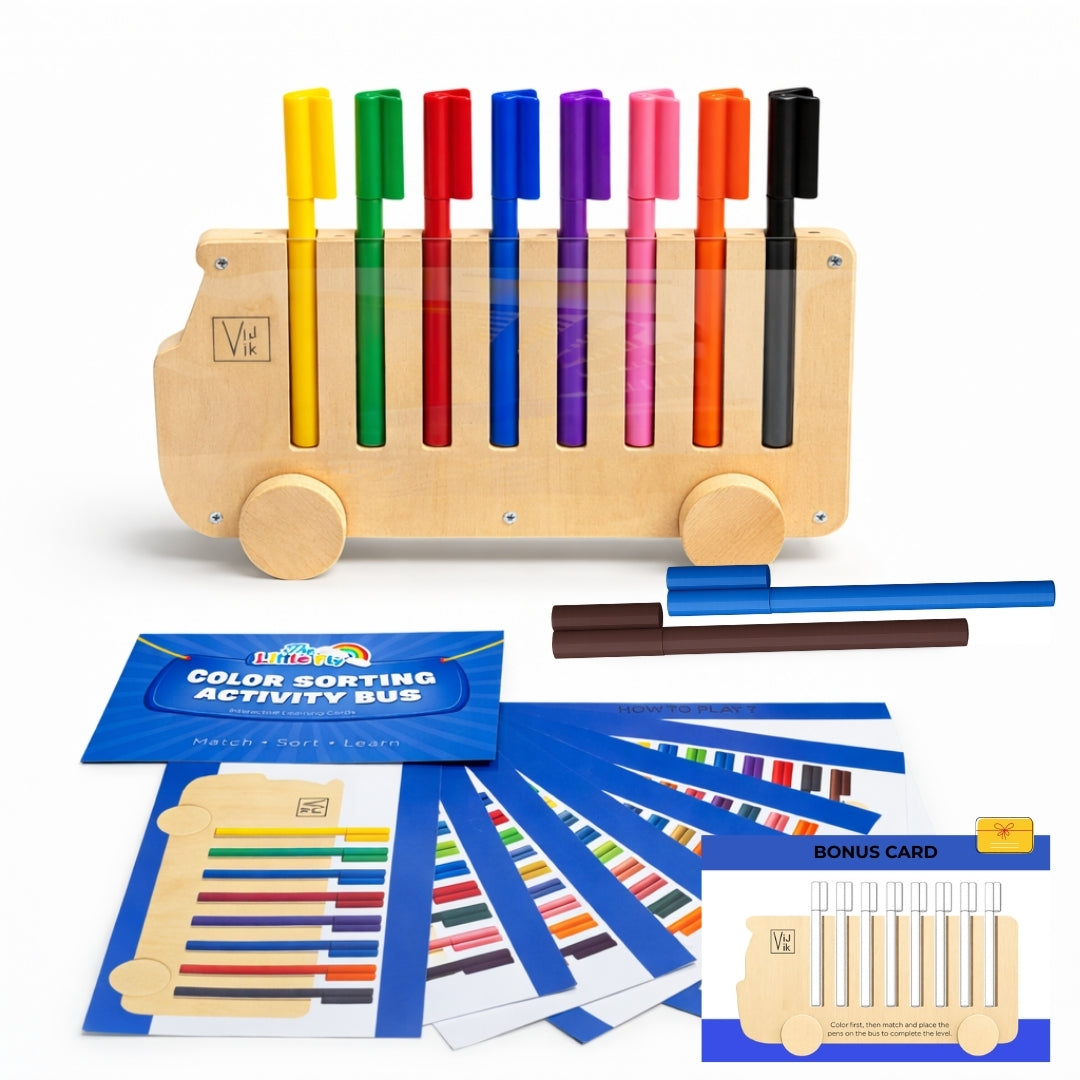 Color sorting activity bus with markers and educational materials on a white background