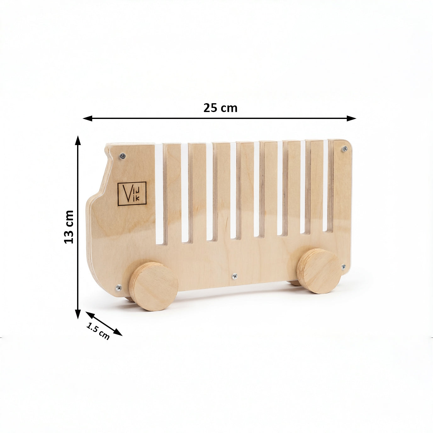 Wooden toy vehicle with dimensions on a white background